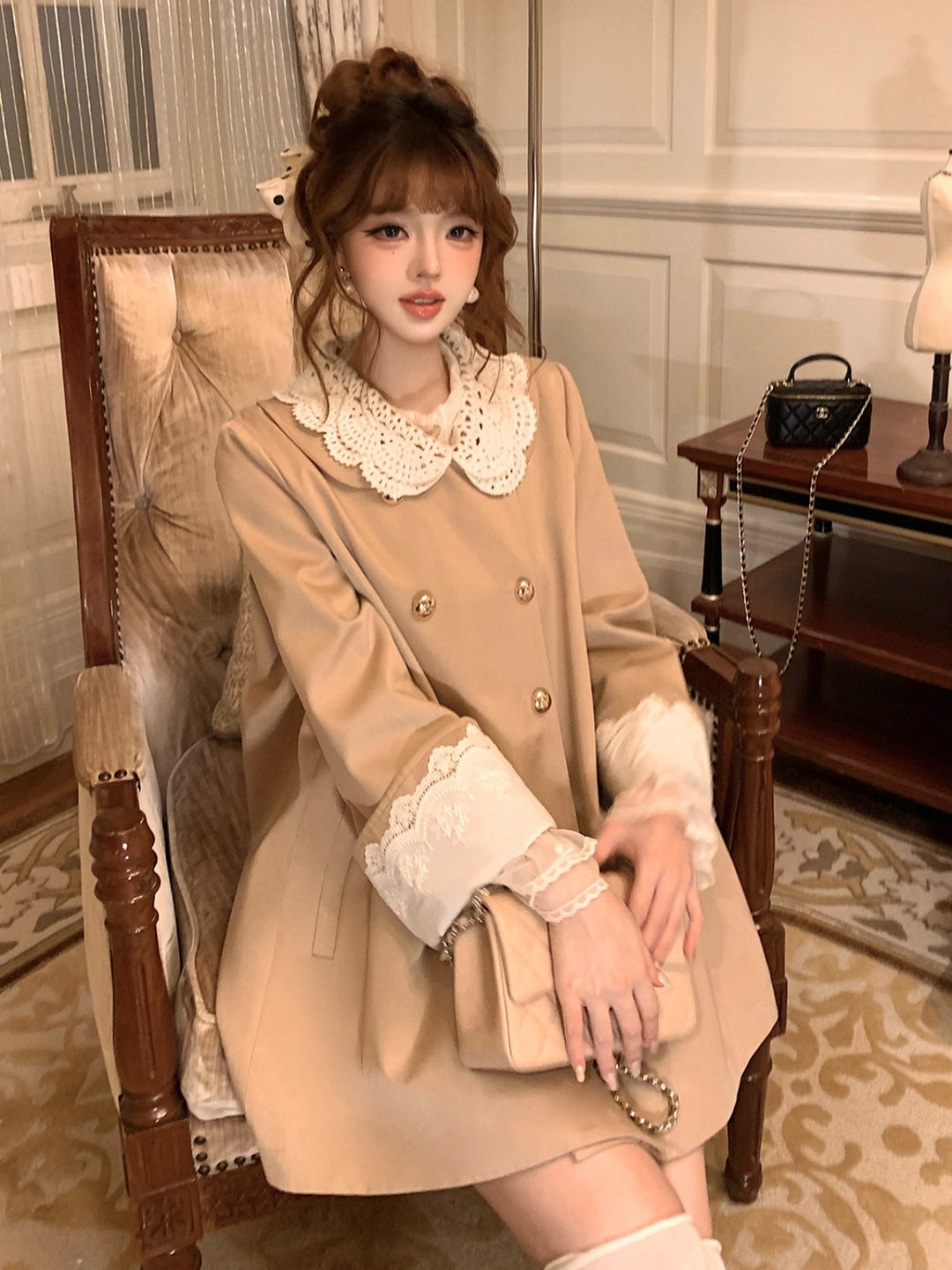 【outer】レースドッキングピーターパンカラーコート Q9276