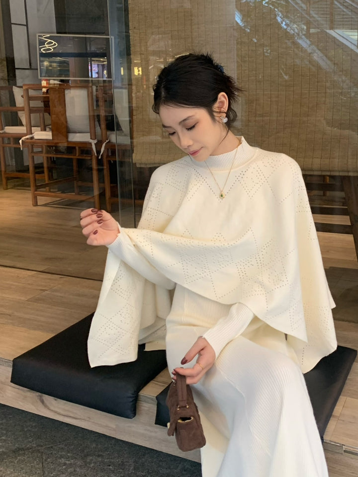 【set】ニットケープトップス×ロングニットワンピースセット Q9261