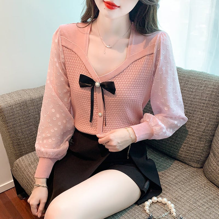 【tops】絶対欲しいエレガントリボン付きシャツトップス　M17415