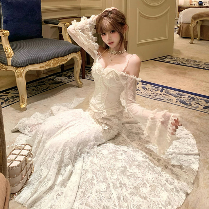 【set】ベルスリーブレーストップス×マーメイドスカートセット     N3414