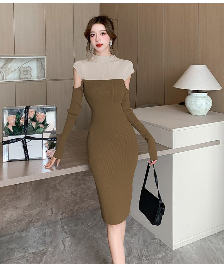 【dress】配色ドッキングオフショルダーニットワンピース　M18121