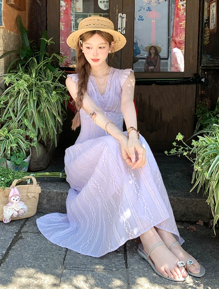 【dress】レースドッキングフラッタースリーブロングワンピース Q8531