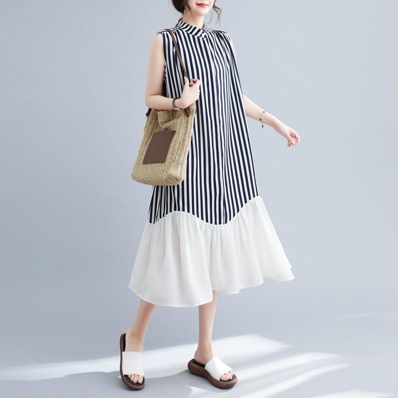 【dress】韓国系ストライプ柄ノースリーブワンピース　M16946