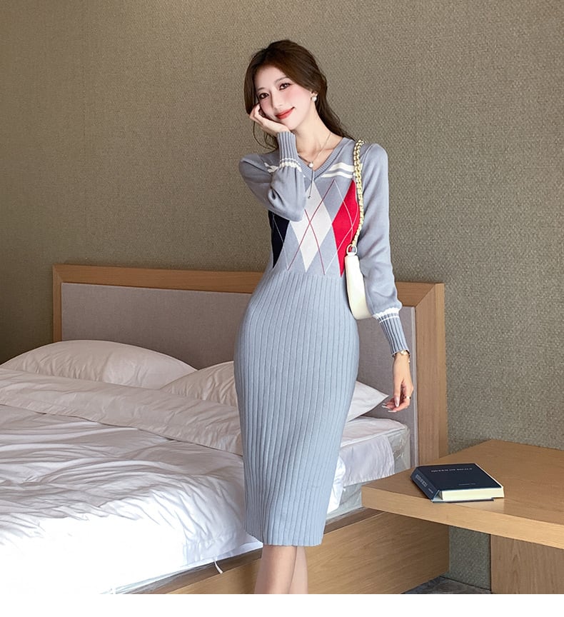 【dress】Vネックニットワンピース　M26546