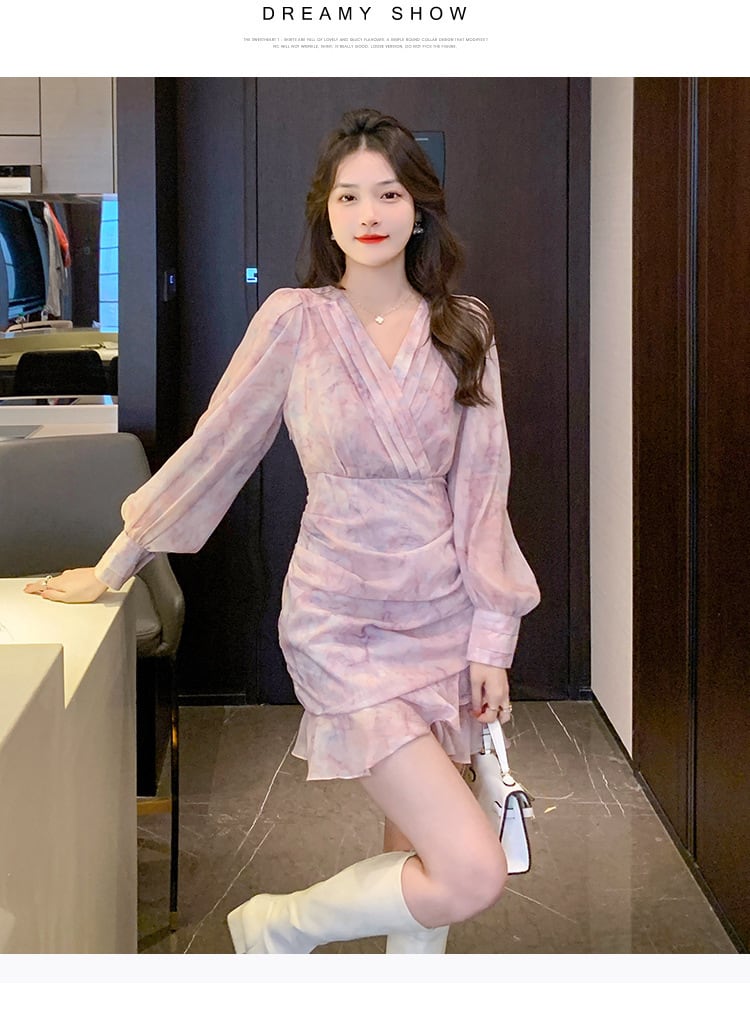 【dress】大人らしい Vネックマーメイド花柄ワンピース　M17259