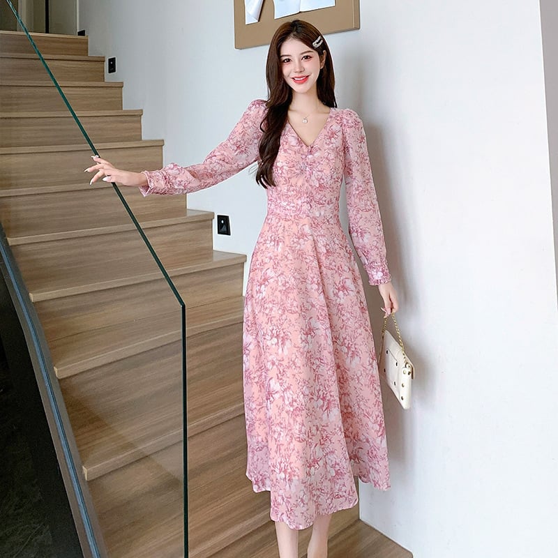 【dress】細身効果抜群♪Vネックスウィート花柄ワンピース　M17257