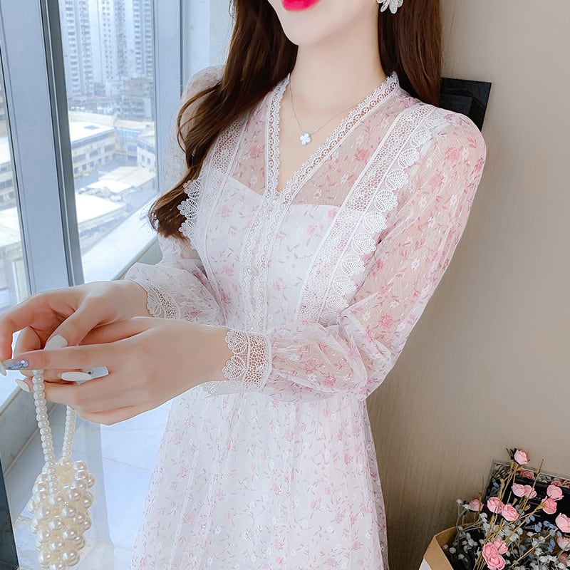 【dress】人気アイテム ! スウィートレース花柄ワンピース　M17265