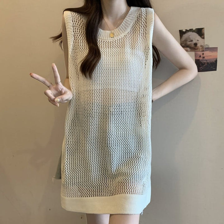 【tops】透け感ロングニットベスト Q8236
