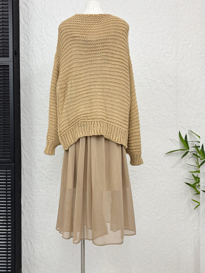 【set】レースドッキングロングキャミワンピース×ニットカーディガンセット Q9295