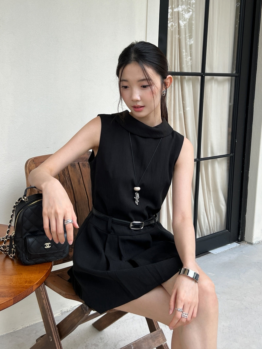 【dress】ベルト付きノースリーブミニワンピース Q8669