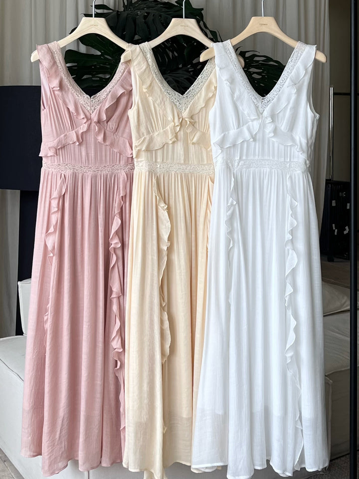 【dress】ノースリーブレースドッキングロングワンピース Q8657