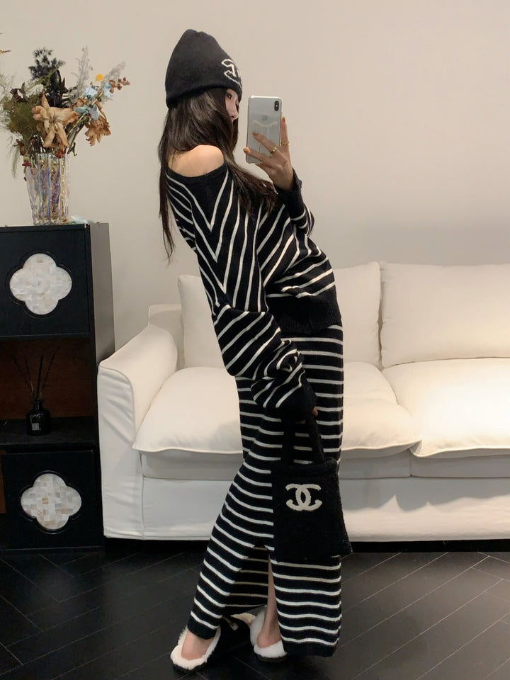 【set】ボーダー柄ニットトップス×ロングスカートセット Q9283