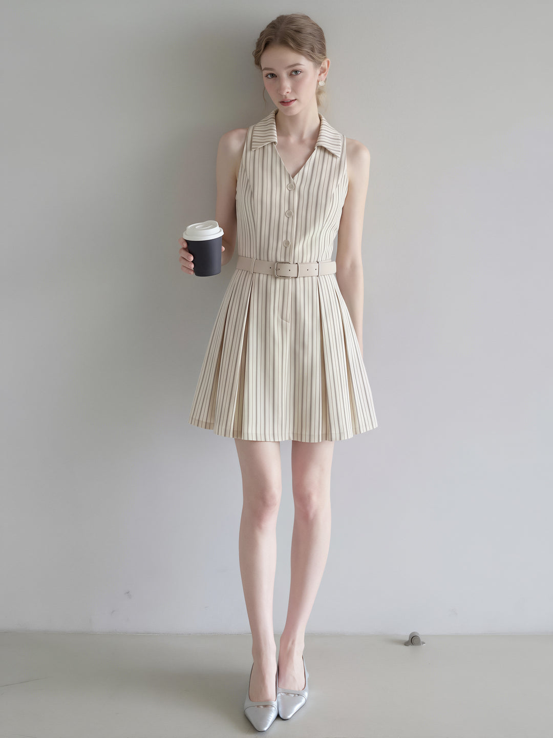 【dress】ノースリーブストライプ柄シャツワンピース Q8829