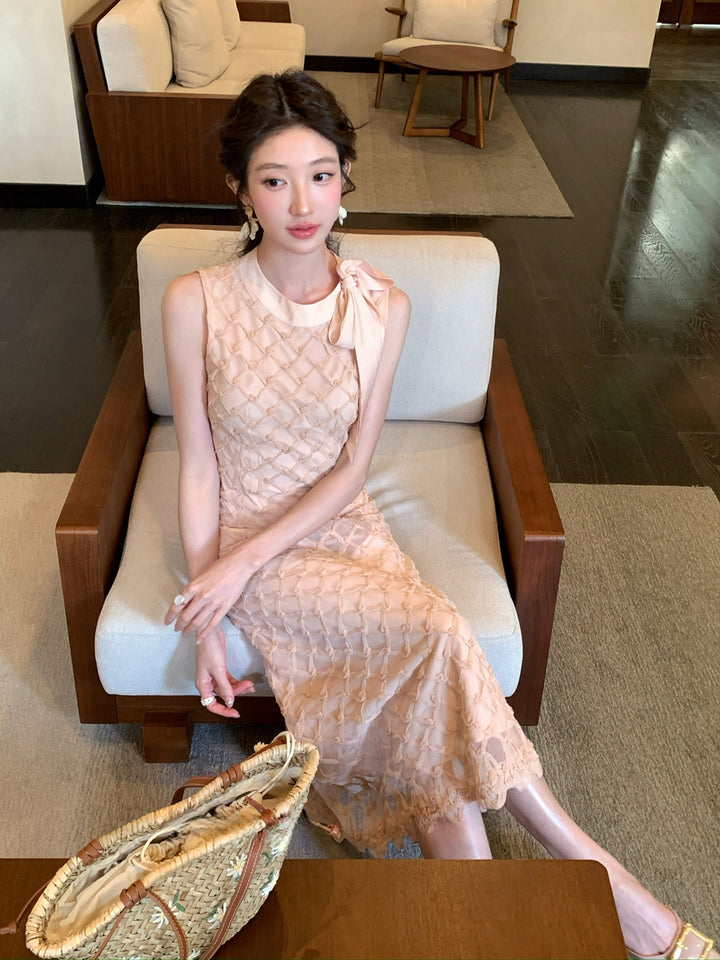 【dress】ノースリーブリボン付きロングワンピース Q8679