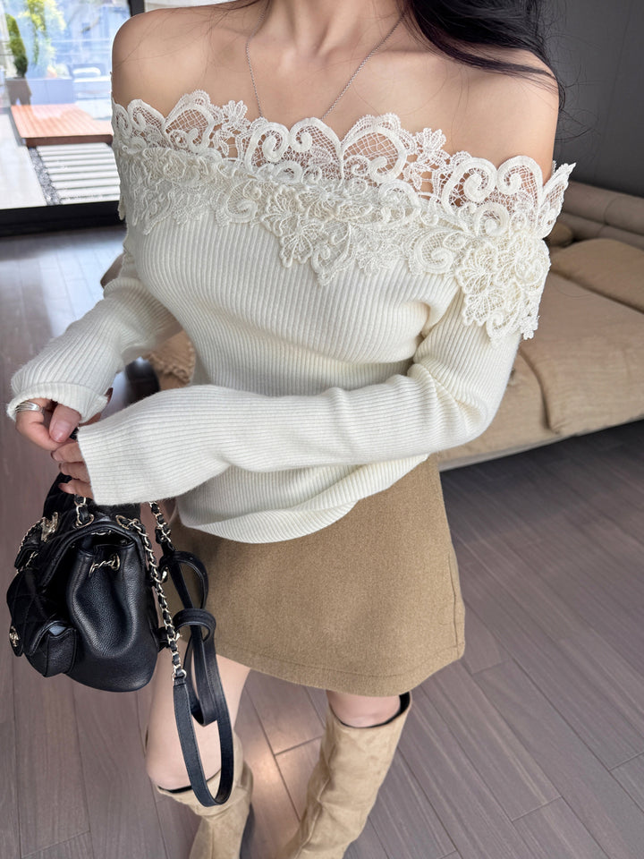 【tops】レースドッキングオフショルダーニットトップス Q9199