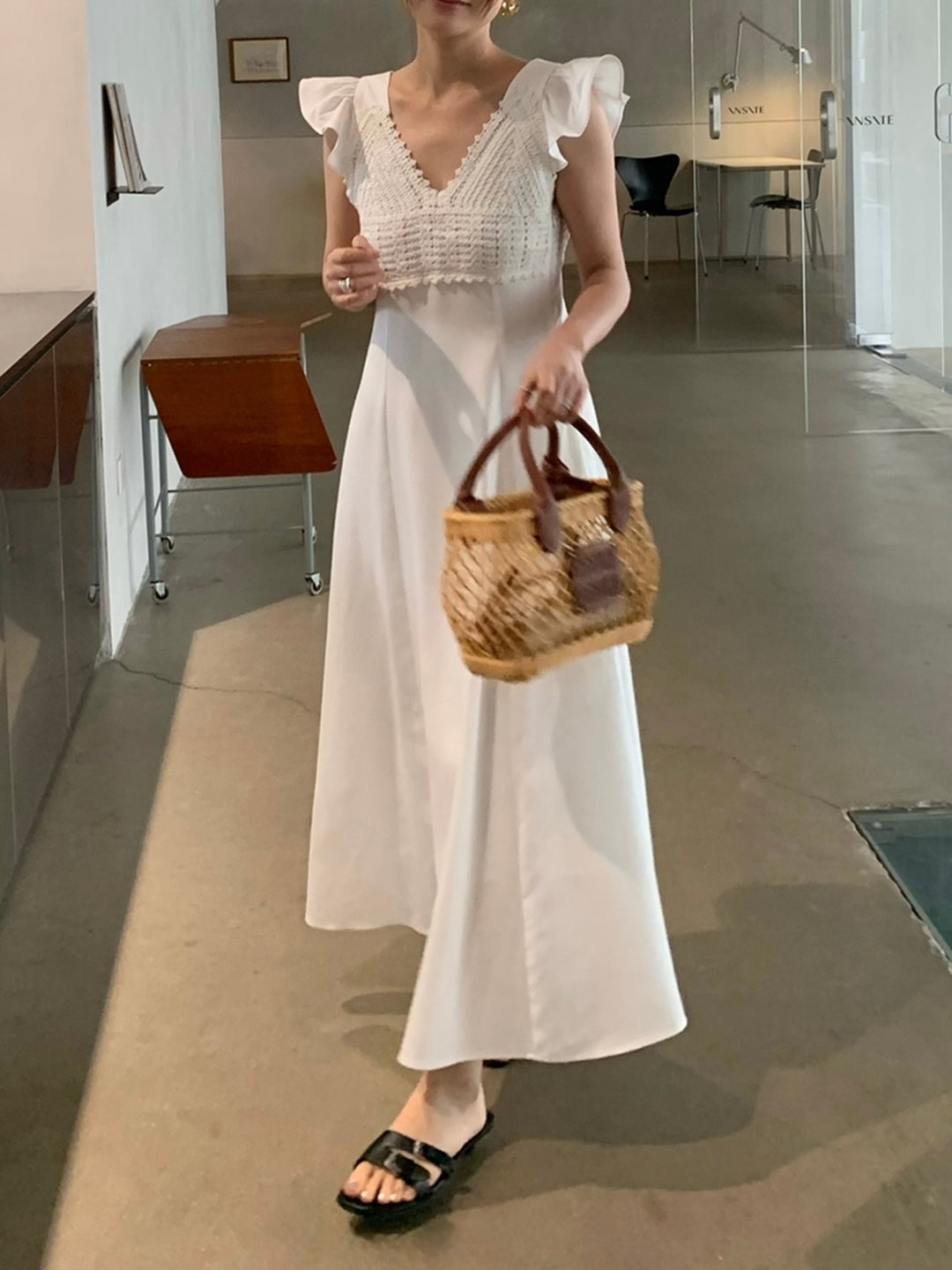【dress】レースドッキングフラッタースリーブワンピース Q8672