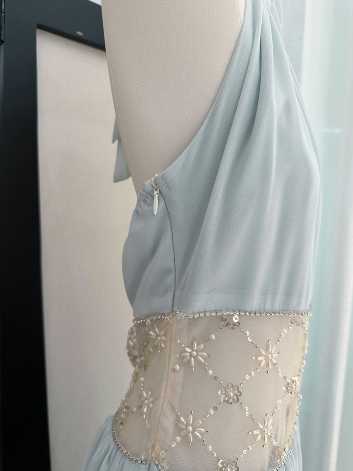 【dress】ホルターネックレースドッキングロングワンピース Q8660