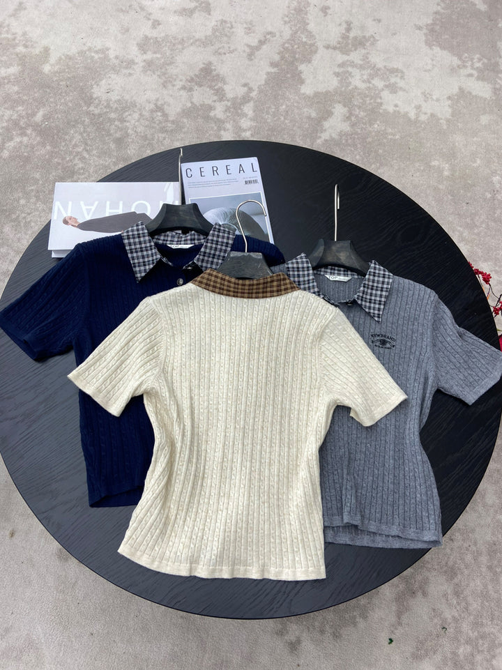 【tops】チェック柄ネックニットポロシャツ Q8947