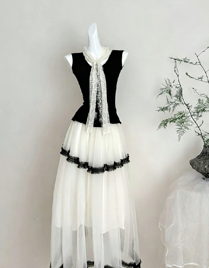 【set】レーススカーフネックトップス×チュールロングスカートセット Q8551