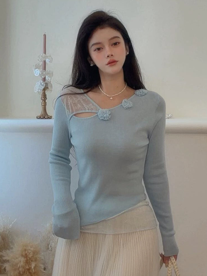 【tops】立体フラワー付きレースドッキングトップス Q9125