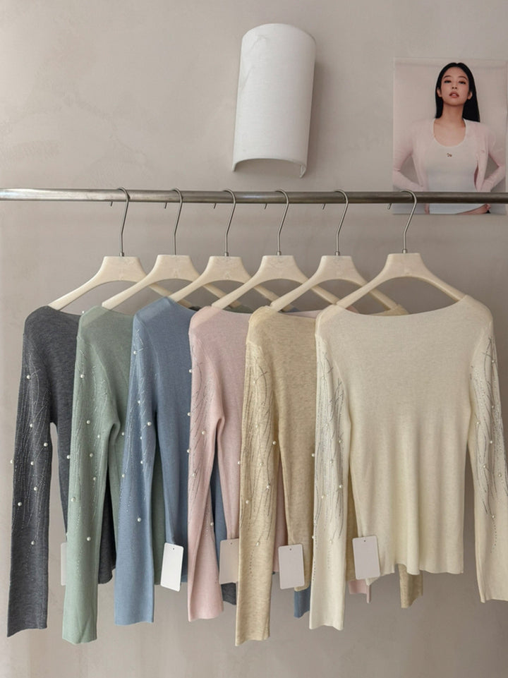 【tops】パール付きニットトップス Q9134
