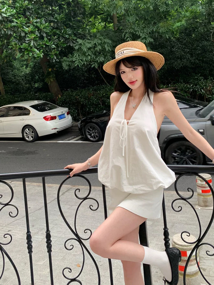 【set】ホルターネックトップス×タイトミニスカートセット Q8720