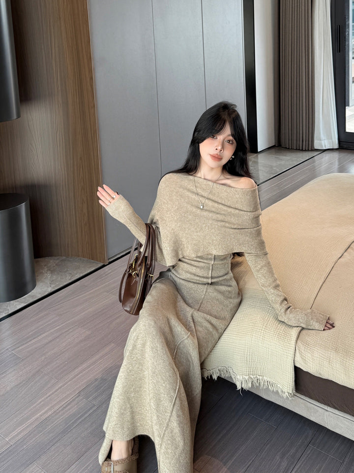 【dress】ケープ付きニットロングワンピース Q9179