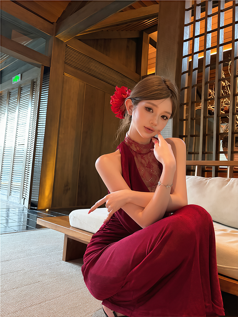 【dress】レースドッキングドレープドネックワンピース Q8634