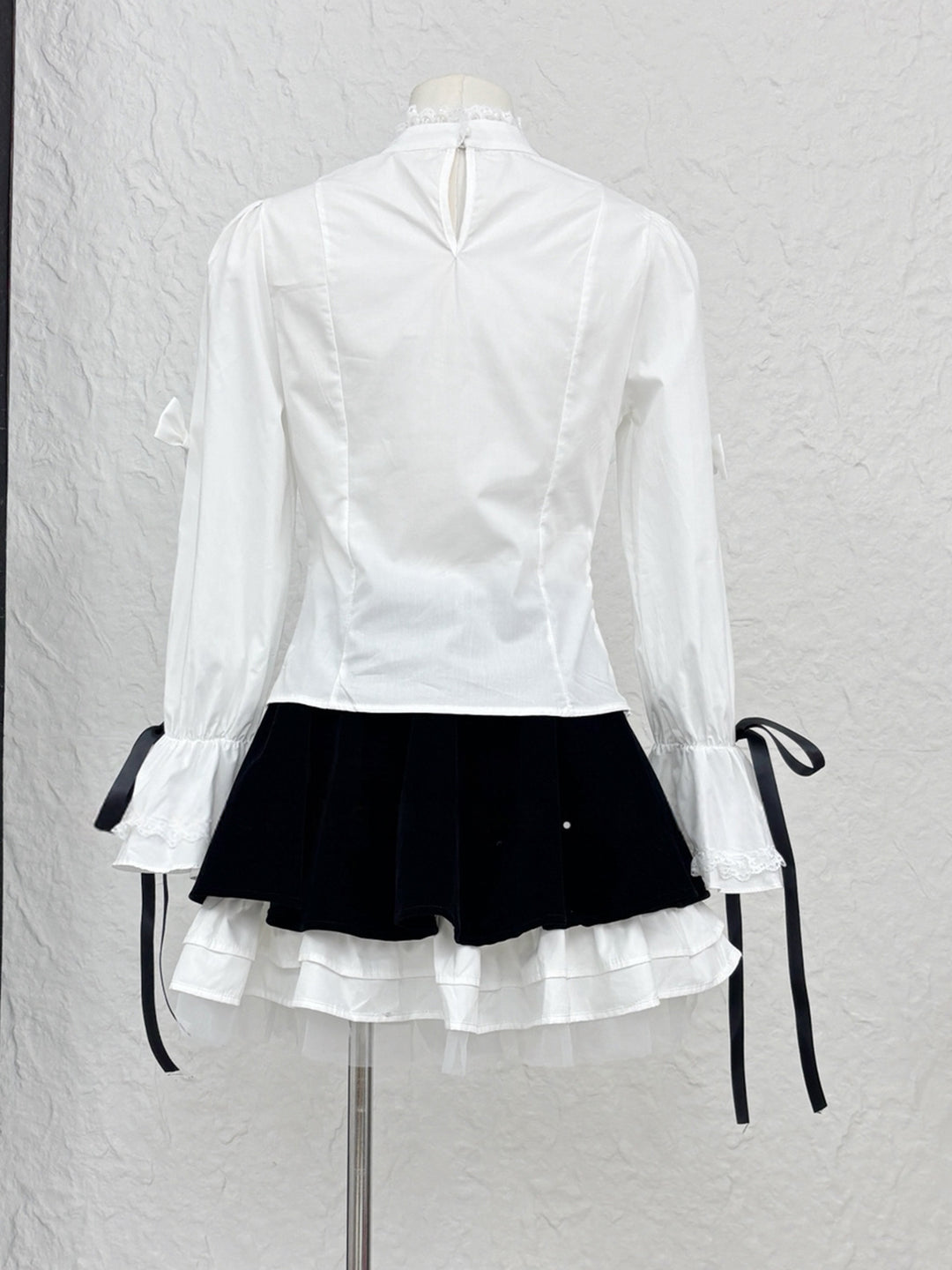 【set】リボン付きシャツ×ベルベットドッキングミニスカートセット Q9227