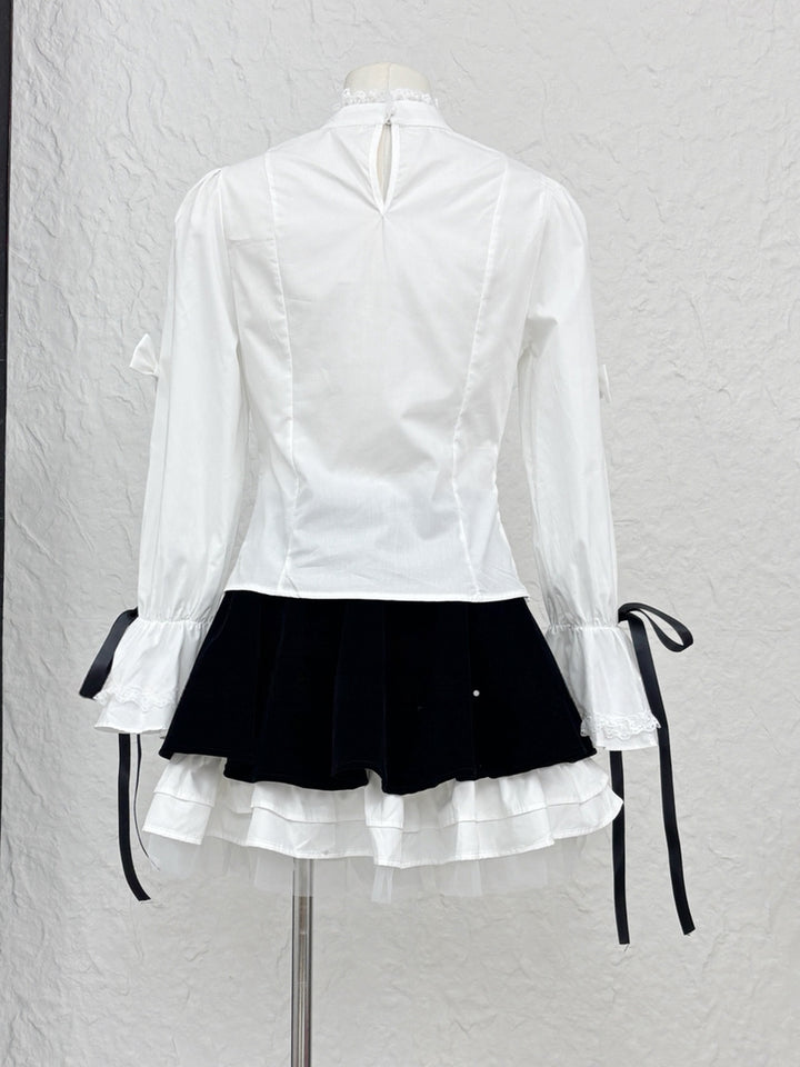 【set】リボン付きシャツ×ベルベットドッキングミニスカートセット Q9227