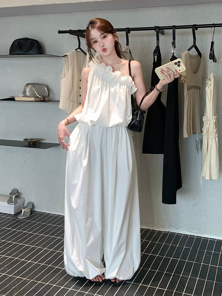 【set】立体感フラワーワンショルダートップス×ワイドパンツセット Q8656