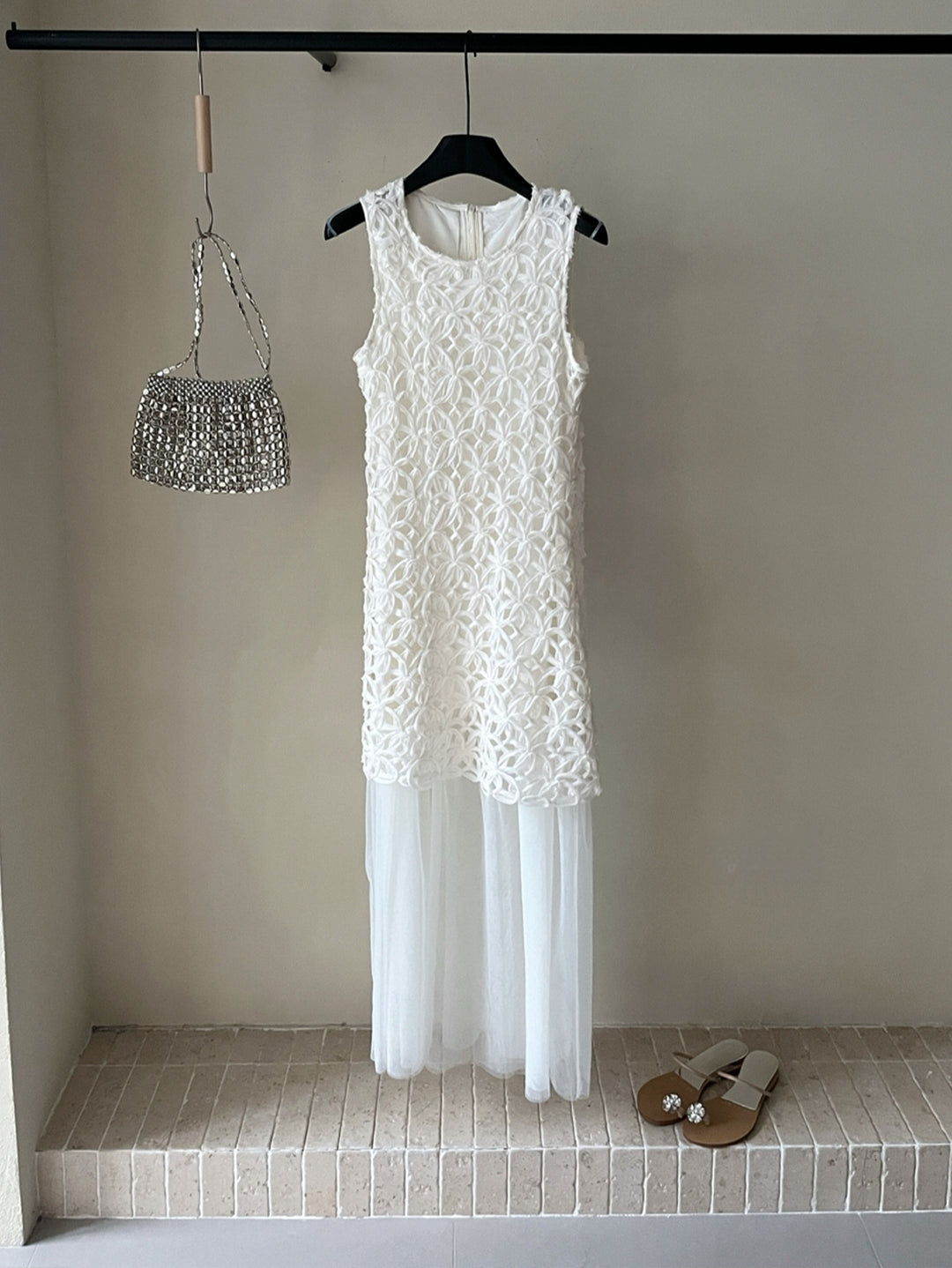 【dress】ノースリーブチュールドッキングロングワンピース Q8674