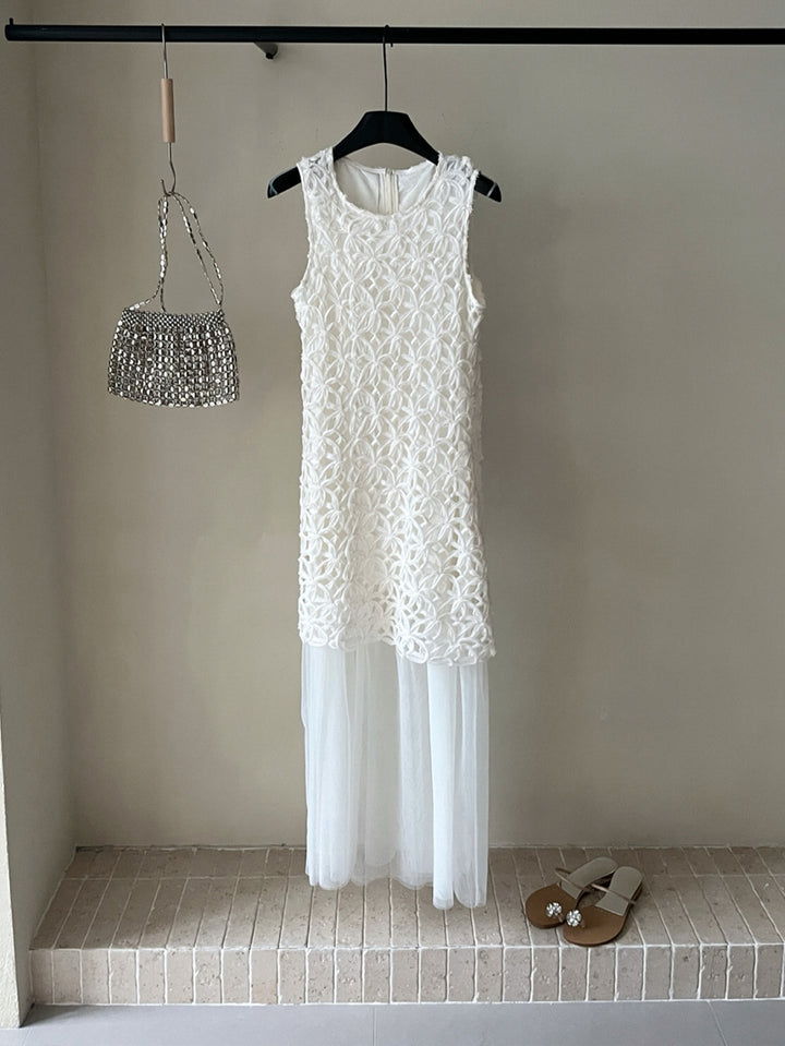 【dress】ノースリーブチュールドッキングロングワンピース Q8674