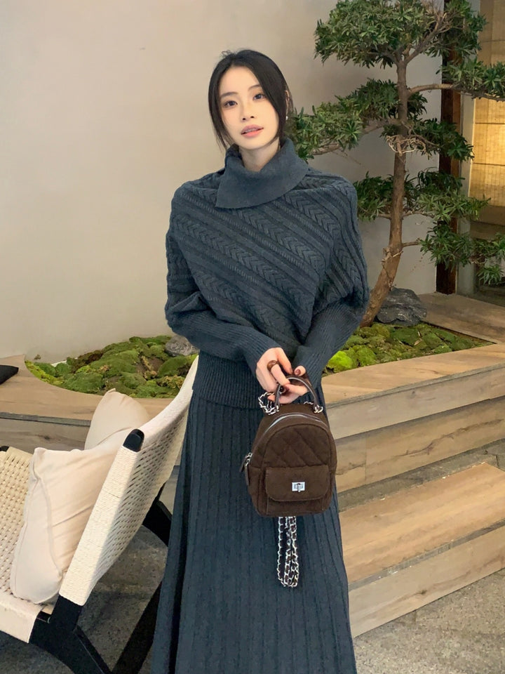 【set】ハイネックニットトップス×ロングスカートセット Q9253