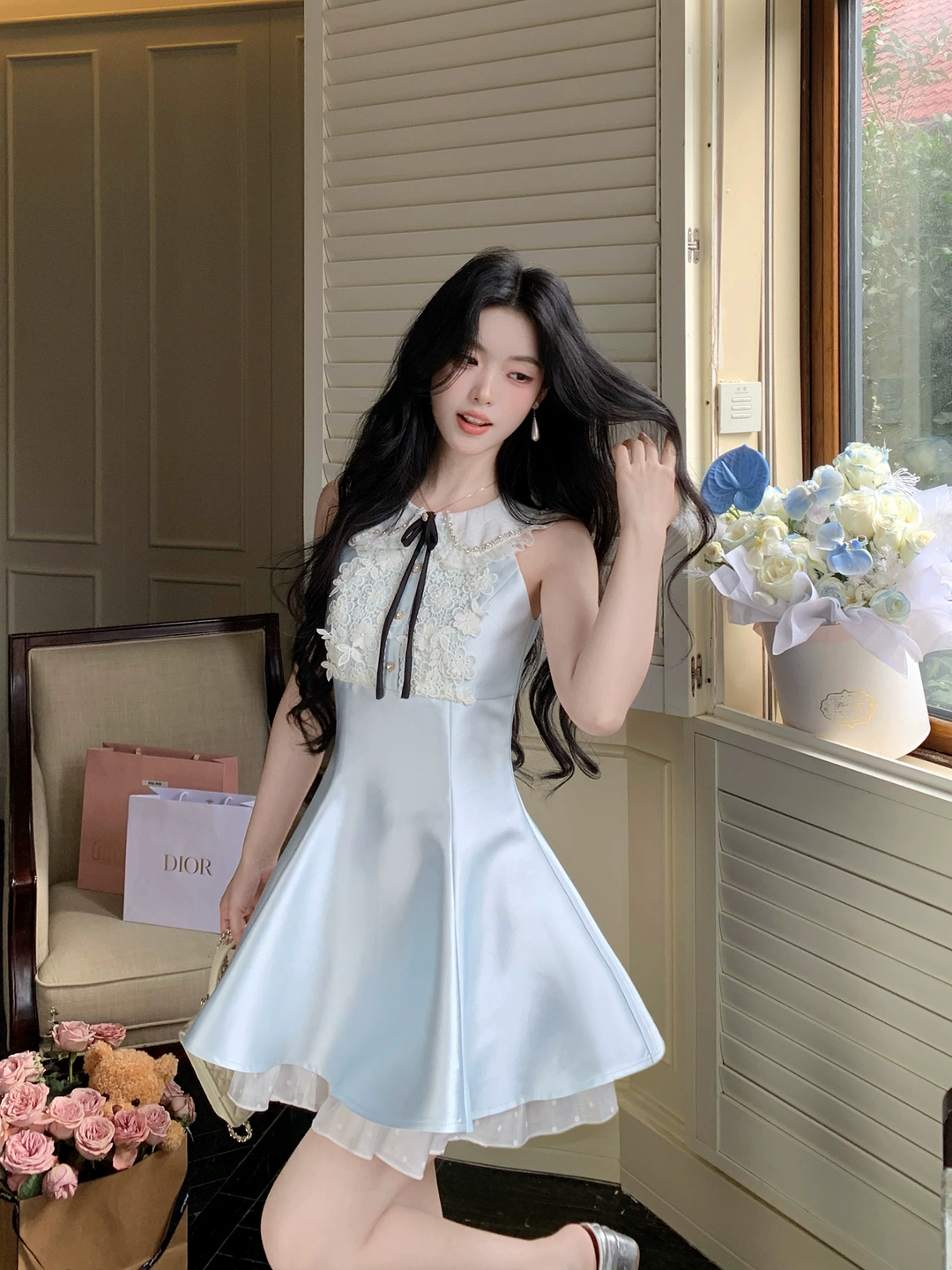 【dress】レースドッキングピーターパンカラーミニワンピース Q8549