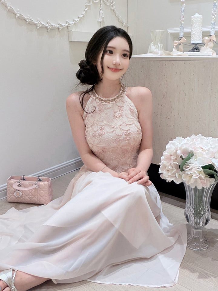 【dress】ノースリーブレースドッキングロングワンピース Q8685