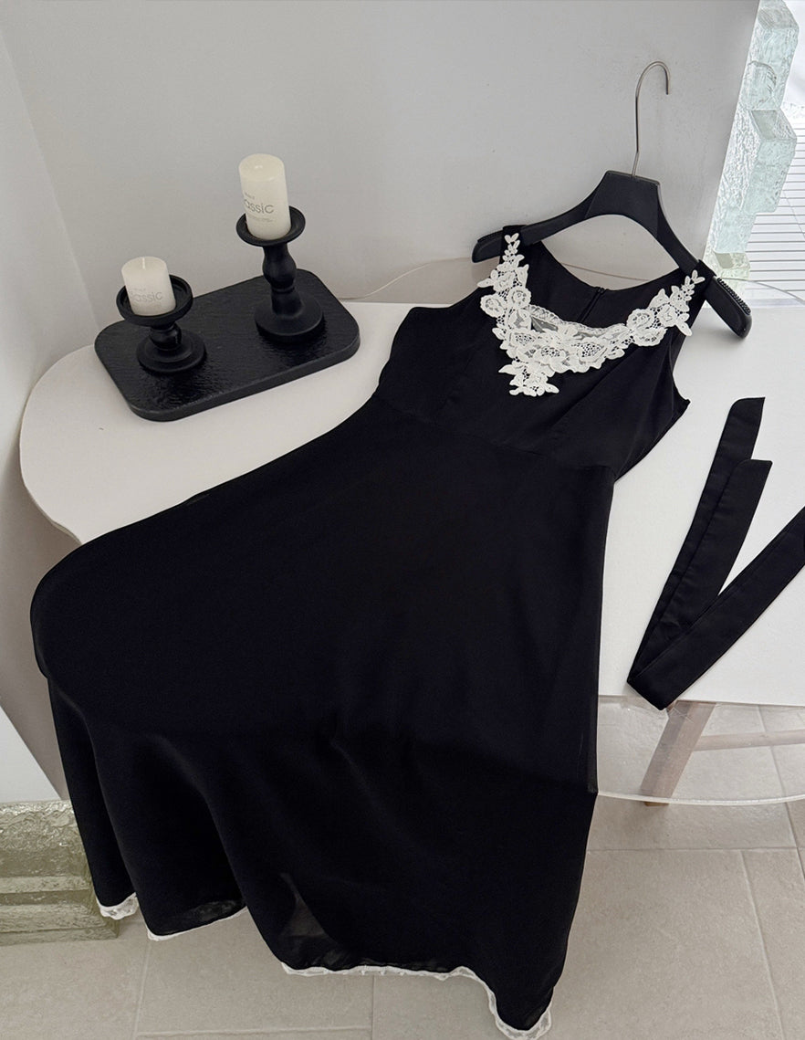 【dress】スカーフ付きレースドッキングロングワンピース Q8691