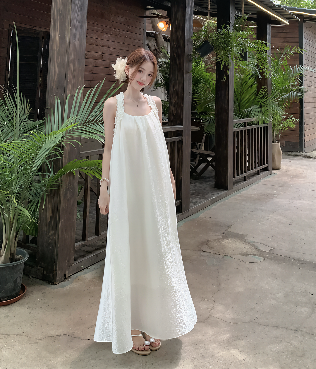 【dress】ノースリーブＴストラップバックロングワンピース Q8593