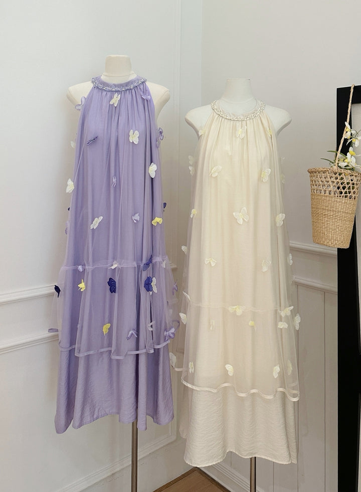 【dress】ノースリーブ立体感蝶ロングワンピース Q8662