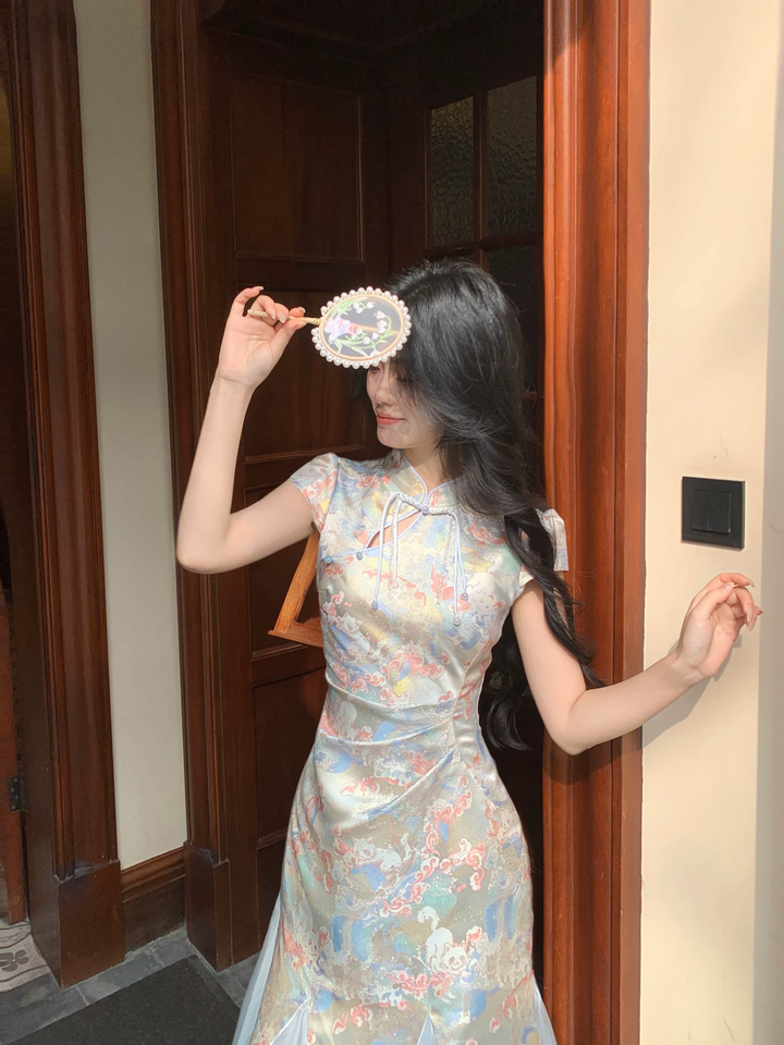 【dress】半袖サテンドッキングロングワンピース Q8542