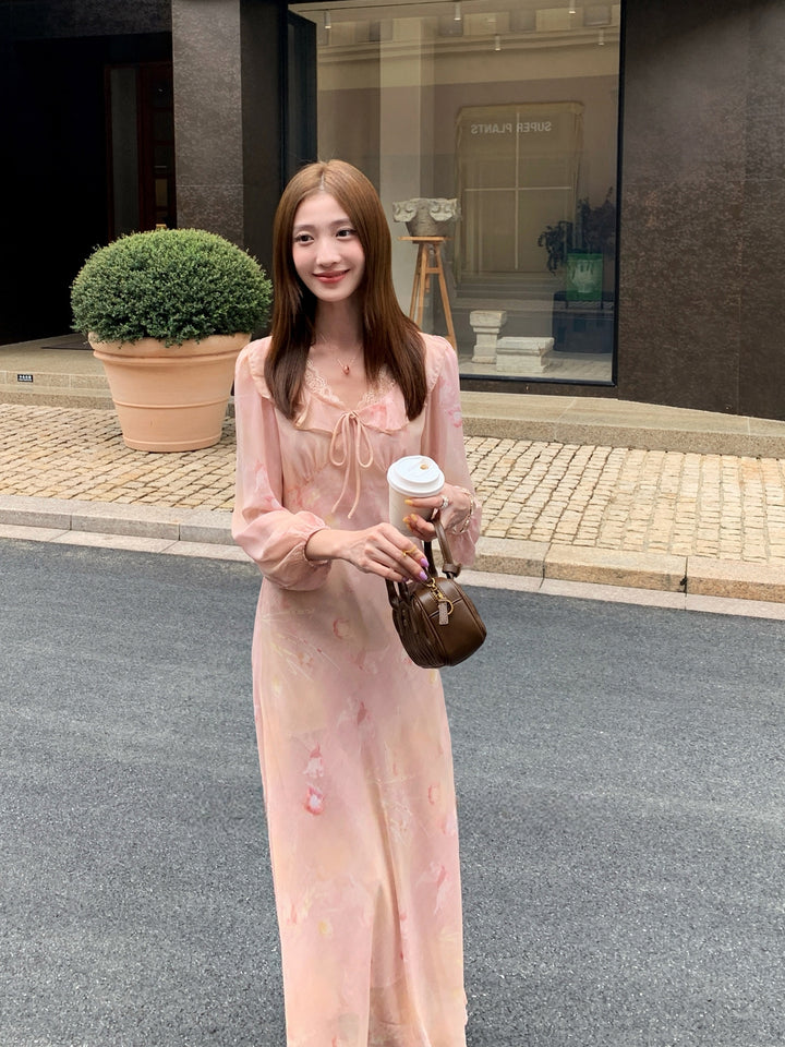 【dress】フラワー柄レースドッキングロングワンピース Q8998