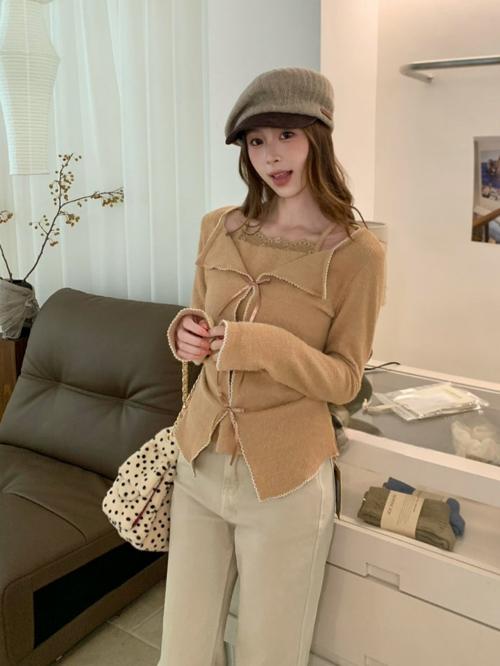 【tops】リボン付きフェイクレイヤードトップス Q9292