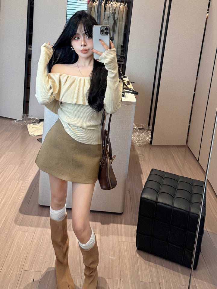 【tops】3色展開オフショルダーニットトップス Q9201