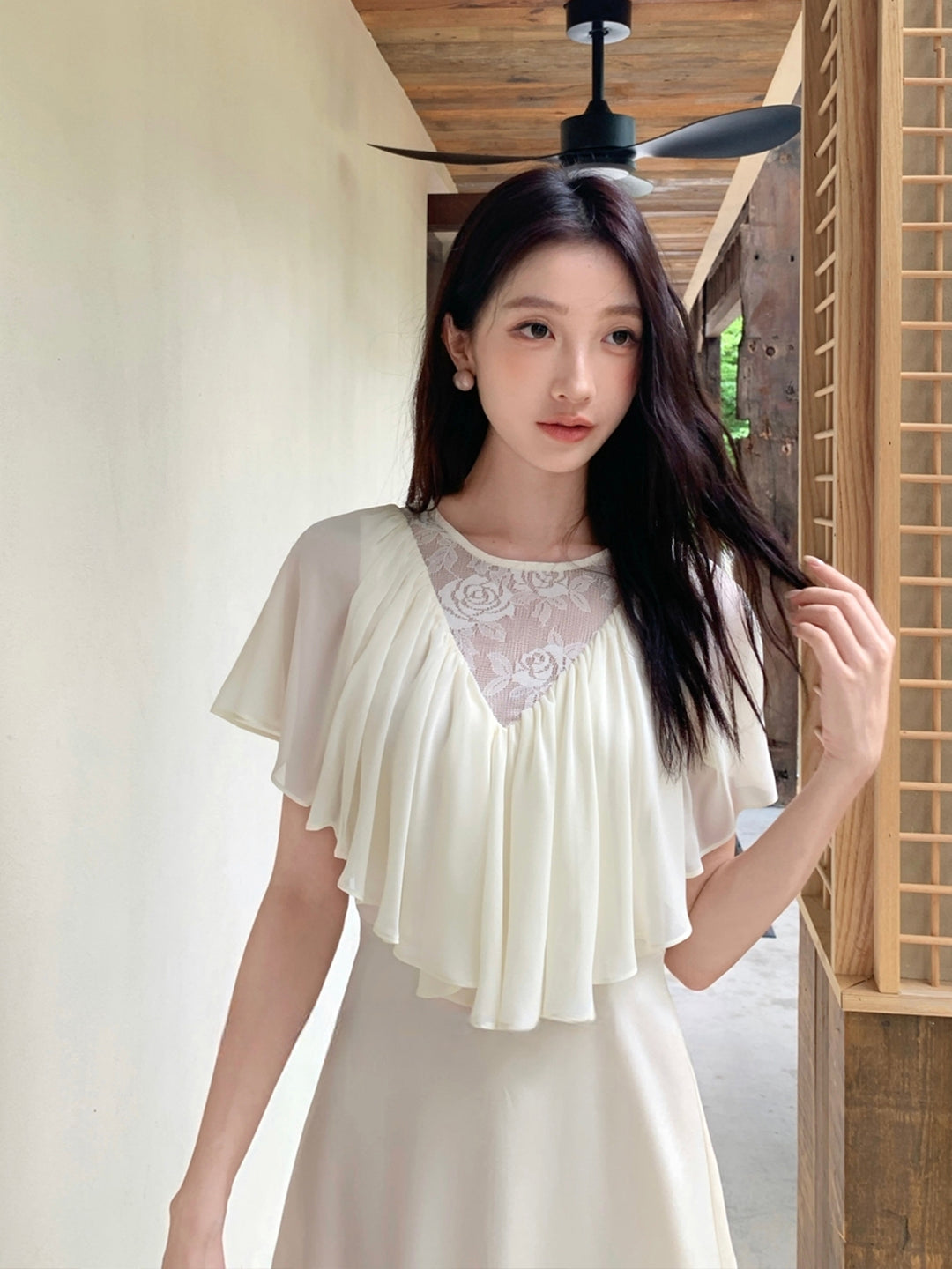 【dress】レースドッキングハンカチーフスリーブロングワンピース Q8675