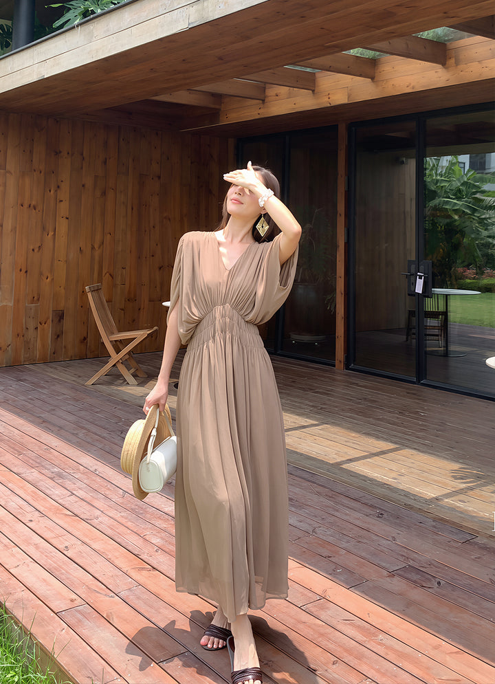 【dress】Vネックギャザーロングワンピース Q8756