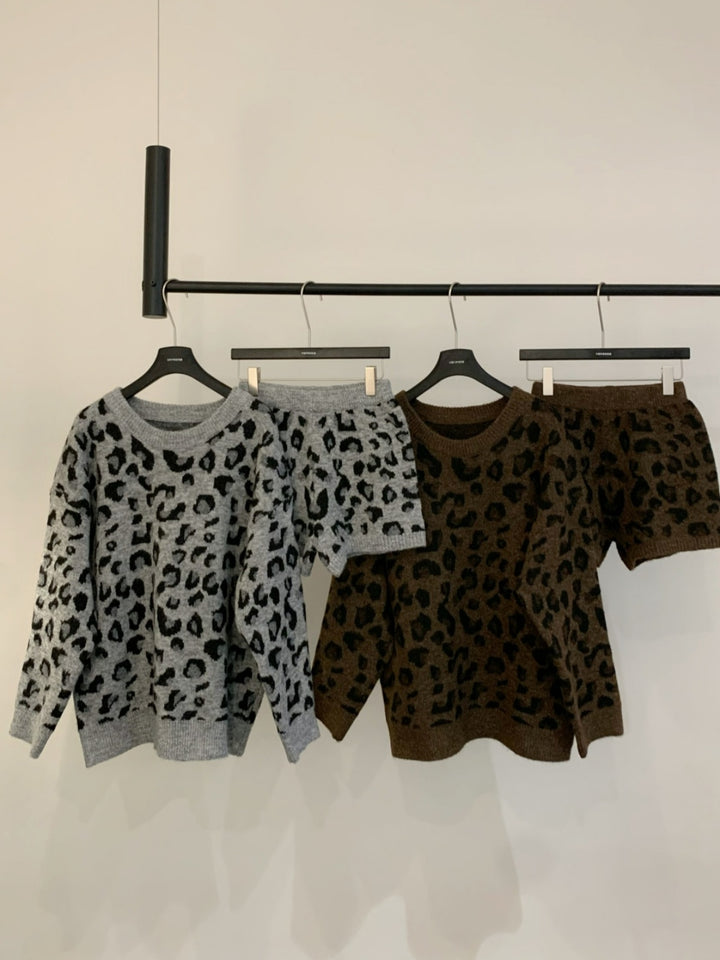 【set】ヒョウ柄ニットトップス×ショートパンツセット Q9286