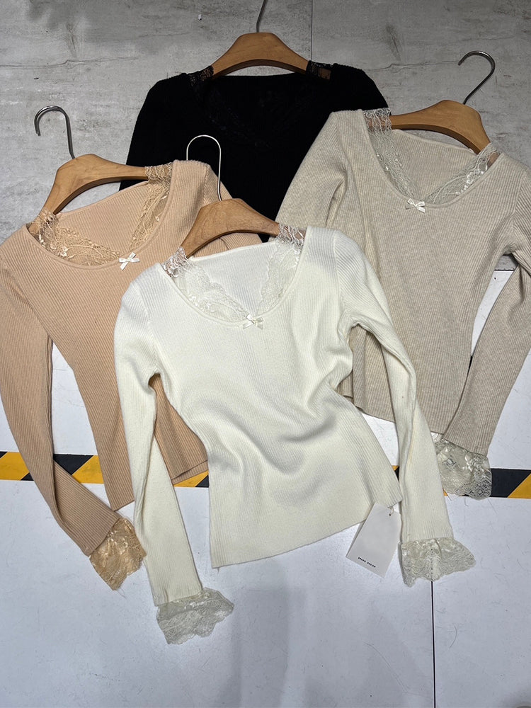 【tops】レースドッキングニットトップス Q9343