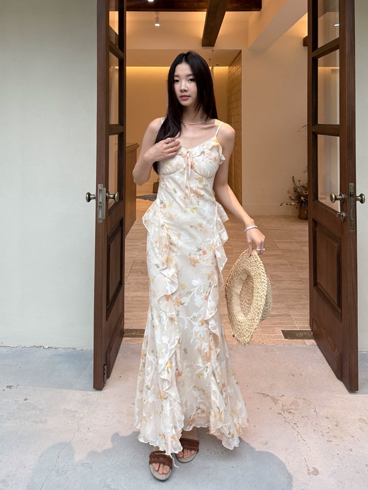【dress】フラワー柄ギャザーフリルロングキャミワンピース Q8668