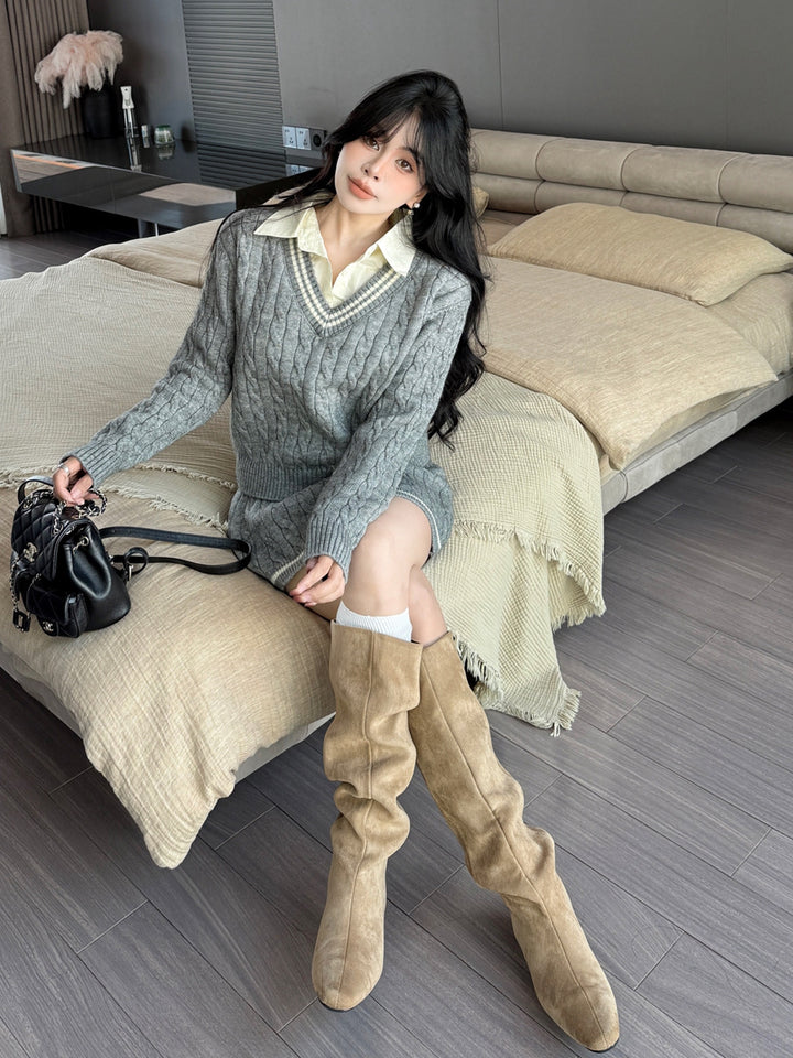 【set】フェイクレイヤードニットトップス×ニットスカートセット Q9195