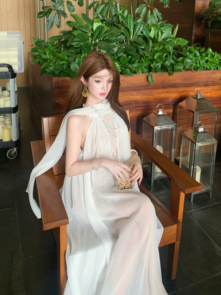 【dress】レースドッキングシアーチュールロングワンピース Q8585